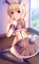 Rule 34 | 1girl, absurdres, animal ears, bare shoulders, black thighhighs, blonde hair, blurry, blurry background, blush, breasts, brown footwear, brown shirt, brown skirt, brown sleeves, closed mouth, commentary request, crop top, cup, day, depth of field, detached sleeves, food, frilled shirt, frilled skirt, frilled sleeves, frills, from behind, hair between eyes, hand up, high heels, highres, holding, holding food, indoors, long hair, looking at viewer, looking back, macaron, maid, maid headdress, medium breasts, midriff, nontraditional playboy bunny, on floor, original, pleated skirt, puffy short sleeves, puffy sleeves, rabbit ears, rabbit tail, red eyes, shirt, shoe soles, short sleeves, sitting, skirt, solo, tail, thighhighs, tray, twintails, umitonakai, underboob, wariza, window, wooden floor