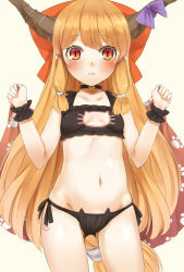 Rule 34 | 1girl, 3:, bell, black bra, black panties, blonde hair, blush, bow, bra, breasts, cat cutout, cat ear panties, cat lingerie, cleavage cutout, clothing cutout, collar, cowboy shot, gluteal fold, groin, hair bow, hair tie, hands up, hip focus, horn ornament, horn ribbon, horns, ibuki suika, jingle bell, long hair, looking at viewer, low-tied long hair, meme attire, navel, neck bell, nishiuri, oni horns, panties, paw print, red bow, red eyes, ribbon, side-tie panties, simple background, slit pupils, small breasts, solo, standing, touhou, underwear, underwear only, very long hair, white background, wrist cuffs