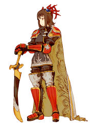 Rule 34 | 1girl, amami haruka, armor, brown hair, cape, dark haruka, dark knight, dark knight (fft), dark knight (final fantasy), final fantasy, final fantasy tactics, idolmaster, idolmaster (classic), idolmaster 1, parody, red eyes, sheath, sheathed, short hair, simple background, solo, style parody, sword, weapon, zearthp