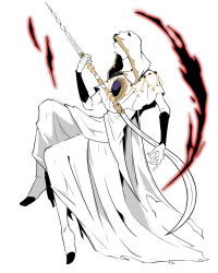 1boy aura capelet chinese_commentary closed_mouth colored_skin commentary_request dark_aura elden_ring full_body gem godskin_apostle gold_trim highres holding_sickle kudoliya_art male_focus purple_gemstone simple_background solo white_background white_capelet white_hood white_skin