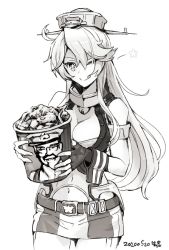 Rule 34 | 1girl, :q, ahoge, belt, breasts, bucket of chicken, cleavage, colonel sanders, dated, fingerless gloves, food, gloves, greyscale, headgear, holding, holding food, iowa (kancolle), kantai collection, kfc, large breasts, long hair, monochrome, namaashi (user fuga4235), navel, one eye closed, simple background, skirt, solo, star-shaped pupils, star (symbol), symbol-shaped pupils, tongue, tongue out