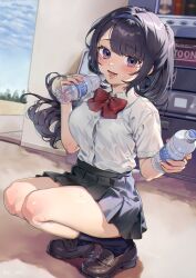 Rule 34 | 1girl, black footwear, black hair, bow, collared shirt, loafers, original, outdoors, parted bangs, pleated skirt, purple eyes, red bow, shinima, shirt, shoes, skirt, sports drink, squatting, uniform