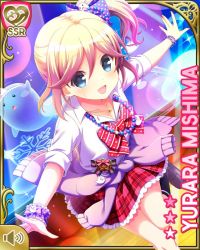 Rule 34 | 1girl, arms out to sides, beads, blonde hair, bow, bowtie, card (medium), concert, dancing, day, girlfriend (kari), grey eyes, indoors, jewelry, looking at viewer, mishima yurara, necklace, night, official art, open mouth, pink sweater, plaid, plaid skirt, qp:flapper, red bow, red skirt, scrunchie, short hair, side ponytail, skirt, smile, solo, standing, striped, striped bow, sweater, tagme, tied sweater, wooden floor, wrist scrunchie
