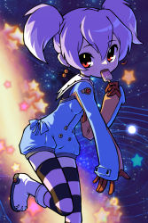 Rule 34 | 1girl, boots, bow, earrings, food, gainax, highres, ice cream, jewelry, kemori, looking at viewer, pale skin, purple hair, red eyes, space, striped clothes, striped legwear, striped thighhighs, thighhighs, top wo nerae 2!, twintails, tycho science