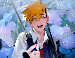 Rule 34 | 1boy, black hair, blonde hair, blue eyes, blue vest, collared shirt, earrings, flower, highres, holding, holding umbrella, jewelry, looking at viewer, male focus, mole, mole under eye, necktie, open mouth, purple flower, rain, red necktie, rladd881, shirt, short hair, single earring, smile, solo, teeth, transparent, transparent umbrella, trigun, trigun stampede, umbrella, undercut, upper body, vash the stampede, vest, wet, wet clothes, white shirt