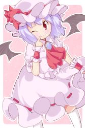 Rule 34 | 1girl, ascot, bad id, bad pixiv id, bat wings, blue hair, blush, female focus, frills, hat, hat ribbon, inanosuke, jewelry, puffy sleeves, red eyes, remilia scarlet, ribbon, short hair, short sleeves, smile, solo, touhou, wings, wink, wrist cuffs