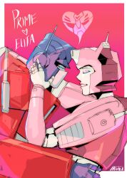 Rule 34 | 1girl, absurdres, blue eyes, closed eyes, colored skin, couple, elita one, heart, helmet, highres, humanoid robot, joints, mask, mouth mask, optimus prime, pink lips, primusibi, robot, robot girl, robot joints, transformers, transformers: generation 1
