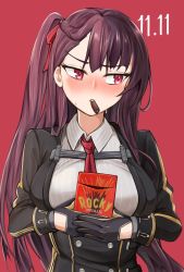 Rule 34 | 1girl, blazer, dated, food, food in mouth, framed breasts, girls&#039; frontline, gloves, highres, holding, holding food, jacket, kuzumotsu, long hair, looking to the side, necktie, one side up, pocky, pocky day, pov, red background, red eyes, red necktie, upper body, wa2000 (girls&#039; frontline)