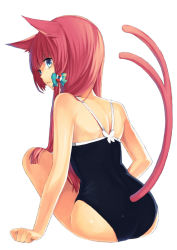 Rule 34 | 1girl, animal ears, ass, bare shoulders, blue eyes, bow, cat ears, cat tail, clothing cutout, cocona ichijo, competition school swimsuit, from behind, hair bow, ichijou kokona, long hair, looking back, midorikawa you, multiple tails, nekomata, one-piece swimsuit, original, pink hair, school swimsuit, simple background, sitting, solo, swimsuit, tail, tail through clothes, white background