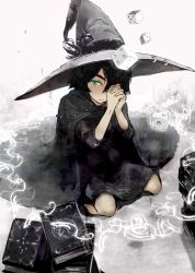 Rule 34 | 1girl, black hair, book, cape, dice, green eyes, own hands clasped, hands up, hat, looking at viewer, looking up, nimirom (6403aghm), original, own hands together, pentagram, short hair, sitting, solo, wariza, witch, witch hat
