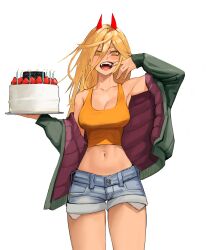 Rule 34 | 1girl, birthday cake, blonde hair, breasts, cake, chainsaw man, cowboy shot, crop top, cross-shaped pupils, cutoffs, fangs, finger in own mouth, food, green jacket, hair between eyes, highres, horns, jacket, long hair, looking at viewer, medium breasts, midriff, navel, open mouth, power (chainsaw man), red horns, sharp teeth, shorts, simple background, smile, solo, strawberry cake, symbol-shaped pupils, teeth, tefi blum, torn clothes, torn shorts, white background, yellow eyes