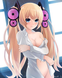Rule 34 | 10s, 1girl, bad id, bad pixiv id, barefoot, blonde hair, blush, bottomless, breasts, chou megami shinkou noire gekishin black heart, cleavage, closed mouth, collarbone, cowboy shot, dress shirt, eyebrows, hair between eyes, hair ornament, holding own arm, indoors, keenh, lens flare, light particles, long hair, long sleeves, looking at viewer, naked shirt, navel, neptune (series), no bra, off shoulder, open clothes, open shirt, shade, shirt, signature, solo, tsunemi (choujigen game neptune), twintails, white shirt, window