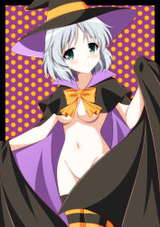 Rule 34 | 1girl, animal ears, areola slip, black cape, black thighhighs, blush, breasts, cape, cloak, convenient censoring, green eyes, grey hair, grin, groin, halloween, hat, highres, isa (ni-iro), looking at viewer, naked cape, naked cloak, navel, polka dot, polka dot background, purple background, sanya v. litvyak, short hair, small breasts, smile, solo, strike witches, tail, thighhighs, witch hat, world witches series