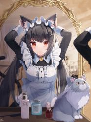 Rule 34 | 1girl, animal ear fluff, animal ears, apron, arms up, bell, black choker, black dress, bottle, breasts, cat ears, cat girl, cat tail, center frills, choker, closed mouth, commentary request, dress, eyes visible through hair, frilled apron, frills, highres, indoors, jingle bell, large breasts, light particles, long hair, maid, maid headdress, mirror, nankam, neck bell, original, red eyes, reflection, smile, solo, tail, very long hair, white apron