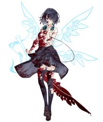 Rule 34 | 1girl, alice (sinoalice), black hair, blood, blood on clothes, blood on face, blood splatter, bloody weapon, brown eyes, clothes around waist, contemporary, empty eyes, energy sword, energy wings, full body, hair over one eye, headphones, headphones around neck, jacket, jacket around waist, ji no, looking at viewer, official art, plaid, plaid skirt, shirt, short hair, sinoalice, skirt, smile, solo, sword, thighhighs, torn clothes, torn thighhighs, transparent background, weapon, white shirt