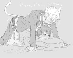 Rule 34 | 2boys, anal, animal ears, bed, belt, blush, bottomless, cat boy, cat ears, cat tail, from behind, jacket, lowres, male focus, male penetrated, monochrome, multiple boys, necktie, open mouth, pillow, short hair, tail, tears, yaoi
