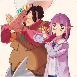 Rule 34 | 1boy, 1girl, arched bangs, blueberry academy school uniform, bow, bowtie, bright pupils, brown eyes, brown hair, cardigan, clay (pokemon), coat, collared shirt, cowboy, cowboy hat, cowboy western, creatures (company), crossed wrists, excadrill, father and daughter, fringe trim, game freak, gen 5 pokemon, gloves, hair ornament, hairclip, hat, highres, how long, lacey (pokemon), long sleeves, looking at viewer, nintendo, open cardigan, open clothes, open coat, pink coat, pink hair, pokemon, pokemon (creature), pokemon bw, pokemon sv, red gloves, school uniform, shirt, short hair, single glove, thick eyebrows, traditional bowtie, watch, western, white headwear, white pupils, white shirt, wristwatch, x arms, yellow eyes