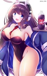 Rule 34 | 1girl, :d, animal ears, azur lane, bare legs, black hair, blue eyes, blush, breasts, cleavage, coca-cola, cocktail glass, cola, cup, drinking glass, fake animal ears, glass, headphones, highres, jacket, kamishiro (rsg10679), large breasts, leotard, long hair, long island (azur lane), necktie, open clothes, open jacket, open mouth, oversized clothes, playboy bunny, rabbit ears, smile, soda bottle, solo, tray, very long hair