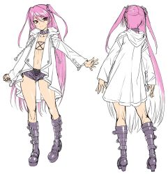 Rule 34 | 1girl, bare legs, bare shoulders, boots, breasts, character sheet, collar, curvy, demon girl, felicia (taimanin kurenai), female focus, full body, gluteal fold, lilith-soft, long hair, looking at viewer, multiple views, partially visible vulva, pink hair, pointy ears, red eyes, shiny skin, short shorts, shorts, simple background, small breasts, smile, standing, taimanin (series), taimanin asagi kessen arena, taimanin kurenai, thighs, two side up, very long hair, white background, zol