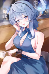Rule 34 | 1girl, ako (blue archive), ako (dress) (blue archive), bare shoulders, blue archive, blue eyes, blue hair, breasts, cleavage, highres, indoors, large breasts, medium hair, mi taro333, open mouth, sideboob, smile, solo