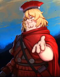 Rule 34 | 1boy, armor, blonde hair, blood, blood on face, blue sky, centurii-chan, centurii-chan (cosplay), cleft chin, cloak, closed mouth, cloud, commission, cosplay, family guy, fat, fat man, greco-roman clothes, hand up, highres, holding, holding sword, holding weapon, kowai (iamkowai), legionnaire, looking at viewer, male focus, meme, original, outdoors, peter griffin, plume, red cloak, red eyes, roman armor, roman clothes, sheath, sky, smile, solo, sword, uohhhhhhhhh! (meme), weapon