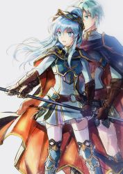 Rule 34 | 1boy, 1girl, alternate costume, alternate hairstyle, aqua eyes, aqua hair, armor, belt, breastplate, brother and sister, cape, cosplay, earrings, eirika (fire emblem), ephraim (fire emblem), ephraim (fire emblem) (cosplay), fire emblem, fire emblem: the sacred stones, fire emblem heroes, gloves, hair between eyes, highres, holding, holding weapon, jewelry, lance, long hair, matching hair/eyes, mintes, nintendo, official alternate costume, open mouth, pauldrons, polearm, ponytail, shoulder armor, siblings, sidelocks, skirt, sweatdrop, thighhighs, twins, twitter username, weapon, white background