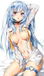 Rule 34 | 1girl, :o, puff of air, arm behind head, arm up, black choker, blue eyes, blue hair, blue panties, blush, breasts, breasts apart, buttons, choker, collarbone, collared shirt, dress shirt, emori miku, hair ornament, hairclip, heart, highres, kuria (clear trip second), large breasts, liver city, long hair, long sleeves, looking at viewer, navel, necktie, no bra, no pants, open clothes, open mouth, open shirt, orange necktie, panties, shirt, side-tie panties, sitting, solo, stomach, sweat, thigh strap, thighs, underwear, wet, wet clothes, wet shirt, white background, white shirt