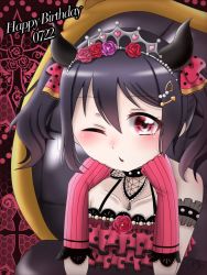 Rule 34 | 1girl, artist name, artist request, bare shoulders, black choker, black hair, blush, bow, breasts, chair, choker, collarbone, curled horns, curly hair, demon girl, demon horns, demon tail, demon wings, elbow gloves, female focus, floral print, flower, gloves, grey wings, hair between eyes, hair bow, hair flower, hair ornament, highres, horns, kamino chikuwa, looking at viewer, love live!, love live! school idol festival, love live! school idol project, midriff, navel, on chair, one eye closed, parted lips, pink flower, pink gloves, pink rose, polearm, polka dot, polka dot bow, purple flower, purple rose, red bow, red eyes, red flower, red rose, rose, rose print, short hair, sidelocks, sitting, small breasts, smile, solo, striped clothes, striped gloves, tail, tiara, twintails, vertical-striped clothes, vertical-striped gloves, weapon, wings, yazawa nico