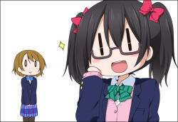 Rule 34 | 0 0, 10s, 2girls, bespectacled, black hair, blazer, blush stickers, border, bow, brown hair, glasses, hair bow, jacket, koizumi hanayo, love live!, love live! school idol project, miyako hito, multiple girls, open mouth, pantyhose, school uniform, simple background, smile, twintails, white background, yazawa nico, | |