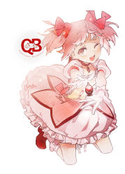 Rule 34 | 10s, 1girl, ;d, antenna2669, antenna (draconian), bow, bubble skirt, choker, full body, gloves, hair bow, kaname madoka, kneeling, kyubey, magical girl, mahou shoujo madoka magica, mahou shoujo madoka magica (anime), one eye closed, open mouth, pink hair, puffy sleeves, shoes, short twintails, signature, simple background, skirt, smile, soul gem, twintails, white background, wink