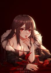 Rule 34 | 1girl, absurdres, black dress, breasts, brown hair, cleavage, collarbone, dated, dress, fate/grand order, fate (series), finger to mouth, flower, fur trim, hair between eyes, highres, koi han, large breasts, long hair, looking at viewer, lying, nail polish, on floor, on stomach, red eyes, red flower, red nails, solo, yu mei-ren (fate)
