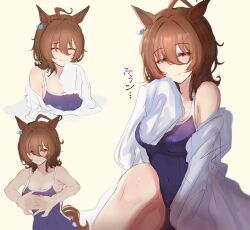 Rule 34 | 1girl, agnes tachyon (umamusume), ahoge, animal ears, bare shoulders, blue one-piece swimsuit, blush, breasts, brown hair, chemical structure, closed eyes, closed mouth, coat partially removed, commentary request, competition school swimsuit, competition swimsuit, earrings, hair between eyes, highres, horse ears, horse girl, jewelry, looking at viewer, medium breasts, messy hair, mmm (mmm623), multiple views, one-piece swimsuit, school swimsuit, short hair, single earring, sleeves past fingers, sleeves past wrists, smile, swimsuit, tracen swimsuit, umamusume