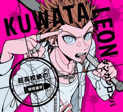 Rule 34 | 1boy, :p, baseball bat, blue eyes, chain, commentary request, danganronpa: trigger happy havoc, danganronpa (series), ear piercing, earrings, facial hair, goatee, hat, index finger raised, jacket, jewelry, kuwata leon, looking at viewer, male focus, open clothes, open jacket, open mouth, piercing, pink background, red hair, ring, shirt, simple background, solo, tege (tege xxx), tongue, tongue out, tongue piercing, translation request, upper body, white shirt
