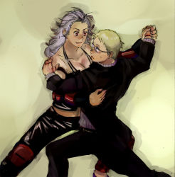 Rule 34 | 1boy, 1girl, blonde hair, blue eyes, breasts, couple, dancing, dorohedoro, formal, glasses, grey hair, height difference, hetero, holding hands, midriff, noi (dorohedoro), red eyes, shin (dorohedoro), smile, stitches, suit, sweat, tall