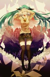 Rule 34 | 1girl, bad id, bad pixiv id, cape, copyright name, covering own eyes, floating hair, green hair, haku (aoray), hatsune miku, long hair, open mouth, shorts, solo, the beast (vocaloid), thighhighs, twintails, vocaloid