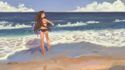 Rule 34 | 1girl, ahoge, bare arms, bare legs, barefoot, beach, bikini, black bikini, blue eyes, brown hair, commentary, da (datako), day, english commentary, footprints, from behind, full body, innertube, long hair, looking at viewer, looking back, ocean, open mouth, original, outdoors, outstretched arm, scenery, smile, solo, swim ring, swimsuit, very long hair, wavy hair, wide shot