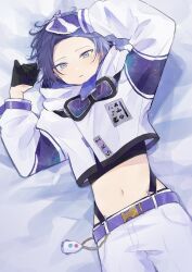 Rule 34 | 1boy, aoyagi touya, arms up, belt, black gloves, blue eyes, blue hair, blush, closed mouth, commentary request, cowboy shot, dark blue hair, gloves, goggles, goggles around neck, highres, jishio, long sleeves, looking at viewer, lying, male focus, midriff, mole, mole under eye, multicolored hair, navel, on back, pants, project sekai, rocket, short hair, solo, split-color hair, two-tone hair, white pants