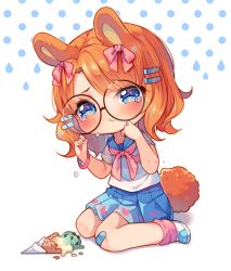 Rule 34 | 1girl, animal ears, artist name, black-framed eyewear, blue sailor collar, blue skirt, blush, bow, rabbit ears, rabbit tail, chibi, closed mouth, commentary, commission, crying, crying with eyes open, double scoop, english commentary, food, glasses, hair bow, hair ornament, hairclip, hyanna-natsu, ice cream, ice cream cone, long hair, orange hair, original, pink bow, pink legwear, pink neckwear, pleated skirt, polka dot, polka dot background, rabbit girl, round eyewear, sailor collar, shadow, shirt, shoes, short sleeves, sitting, skirt, solo, tail, tears, wariza, wavy mouth, white background, white footwear, white shirt
