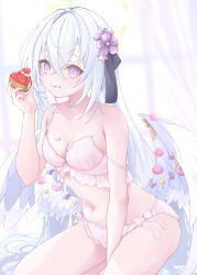 1girl :t absurdres angel_wings armpit_crease azusa_(blue_archive) black_ribbon blue_archive blush bow bow_panties bra breasts cake cake_slice cleavage closed_mouth commentary_request cowboy_shot crossed_bangs curtains eyelashes floral_print flower food frilled_bra frilled_panties frills fruit hair_between_eyes hair_flower hair_intakes hair_ornament hair_ribbon halo hand_up highres holding holding_food indoors leaning_forward licking_lips long_hair looking_at_viewer low_wings medium_breasts navel panties pink_bow pink_bra pink_panties print_bra print_panties purple_eyes purple_flower ribbon rose_print shirai_soushichi side-tie_panties smile solo stomach straight_hair strap_slip strawberry tongue tongue_out underwear underwear_only very_long_hair white_hair white_wings wings yellow_halo