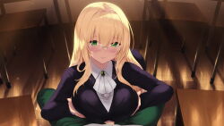 Rule 34 | 1boy, 1girl, ascot, black jacket, blazer, blonde hair, blush, breasts, cait aron, classroom, closed mouth, commentary request, desk, glasses, green eyes, hair between eyes, hetero, highres, jacket, large breasts, long hair, long sleeves, paizuri, paizuri under clothes, pov, pov crotch, school desk, shirt, smile, tearju lunatique, to love-ru, to love-ru darkness, white ascot, white shirt