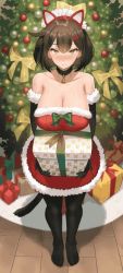 Rule 34 | 1girl, :o, animal ears, animated, animated gif, bell, blush, bouncing breasts, box, breasts, brown hair, cat ears, cat tail, choker, christmas, christmas tree, cleavage, gift, gift box, gloves, happy, huge breasts, jagaimo (kkamja), large breasts, medium hair, mia (jagaimo (kkamja)), neck bell, open mouth, smile, solo, tail, tree