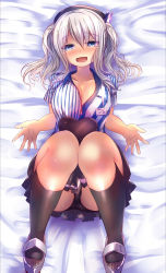 Rule 34 | 10s, 1girl, black panties, blue eyes, blush, breasts, candy, chocolate, chocolate heart, employee uniform, food, hat, heart, highres, kantai collection, kashima (kancolle), large breasts, lawson, long hair, looking at viewer, lying, on back, open mouth, panties, pantyshot, shirt, silver hair, skirt, smile, solo, striped, twintails, underwear, uniform, upskirt, valentine, waruwarutsu