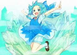 Rule 34 | 1girl, :d, black footwear, bloomers, blue dress, blue eyes, blue hair, bow, cirno, dress, fang, fog, full body, futao (nibbles-wabina), ice, ice wings, jumping, mary janes, matching hair/eyes, open mouth, outstretched arms, puffy sleeves, ribbon, shoes, short sleeves, smile, socks, solo, spread arms, touhou, underwear, wings