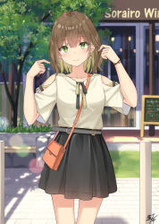 Rule 34 | 1girl, black skirt, breasts, brown hair, building, closed mouth, clothing cutout, collarbone, commentary request, day, earrings, green eyes, hair between eyes, hands up, highres, jewelry, looking at viewer, miko fly, original, outdoors, pleated skirt, shirt, short sleeves, shoulder cutout, signature, skirt, small breasts, smile, solo, suspender skirt, suspenders, tree, white shirt
