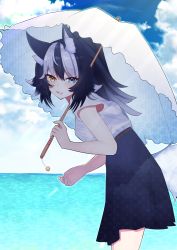 Rule 34 | 1girl, absurdres, alternate hairstyle, animal ears, black hair, blue eyes, blue sky, blush, breasts, cloud, cloudy sky, commentary, commentary request, day, fang, grey wolf (kemono friends), heterochromia, highres, japari symbol, kemono friends, long hair, looking at viewer, medium breasts, multicolored hair, ocean, open mouth, outdoors, ponta (matsuokazieg), ponytail, skin fang, sky, solo, tail, two-tone hair, umbrella, white background, wolf ears, wolf girl, wolf tail, yellow eyes