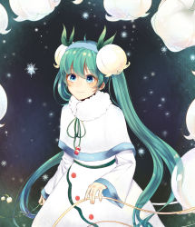 Rule 34 | 10s, 1girl, 2015, aqua hair, bad id, bad pixiv id, blue eyes, capelet, erococu, flower, gradient background, hatsune miku, headband, highres, lily of the valley, looking at viewer, ribbon, snowflake print, snowflakes, solo, twintails, vocaloid, yuki miku