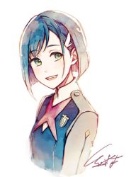 Rule 34 | 10s, 1girl, :d, akagi shun, bad id, bad twitter id, blue hair, commentary request, darling in the franxx, green eyes, hair ornament, hairclip, ichigo (darling in the franxx), jacket, long sleeves, looking at viewer, open mouth, signature, simple background, smile, solo, uniform, upper body, white background