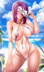 Rule 34 | 00s, 1girl, areola slip, bare shoulders, beach, blush, breasts, bush, cameltoe, cloud, collarbone, covered erect nipples, curvy, day, hand on own thigh, highres, kagami hirotaka, koukawa oboro, large breasts, lens flare, light rays, lilith-soft, linea alba, lips, lipstick, long hair, looking at viewer, makeup, mask, unworn mask, navel, nipples, oboro (taimanin asagi), ocean, outdoors, purple eyes, purple hair, pussy juice, pussy juice drip through clothes, sand, see-through, short hair, sky, slingshot swimsuit, smile, solo, standing, sunbeam, sunlight, sweat, swimsuit, taimanin (series), taimanin asagi, taimanin asagi kessen arena, water, wide hips