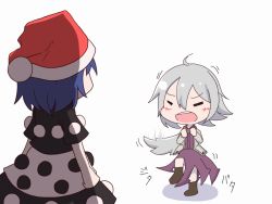Rule 34 | 2girls, ahoge, angel wings, bad id, bad pixiv id, black dress, commentary request, doremy sweet, dress, closed eyes, hat, hiro (pqtks113), jacket, kishin sagume, layered dress, long sleeves, multiple girls, nightcap, open clothes, open jacket, open mouth, pom pom (clothes), purple dress, purple hair, silver hair, single wing, stomping, touhou, white dress, wings