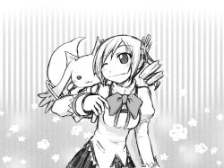 Rule 34 | 10s, 1girl, ;), bad id, bad pixiv id, bow, bowtie, cowboy shot, creature, drill hair, grey background, greyscale, jewelry, kyubey, long sleeves, magical girl, mahou shoujo madoka magica, mahou shoujo madoka magica (anime), monochrome, monster, one eye closed, plaid, plaid skirt, pointy ears, ring, simple background, skirt, smile, tomoe mami, twin drills, yukimizu